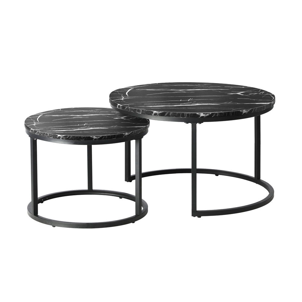 Set of 2 Round Nesting Coffee Tables Marble Top Black