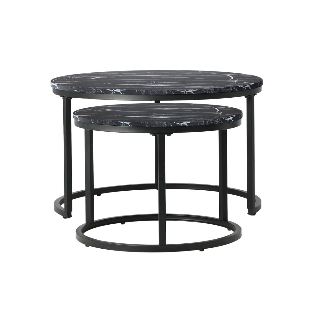 Set of 2 Round Nesting Coffee Tables Marble Top Black