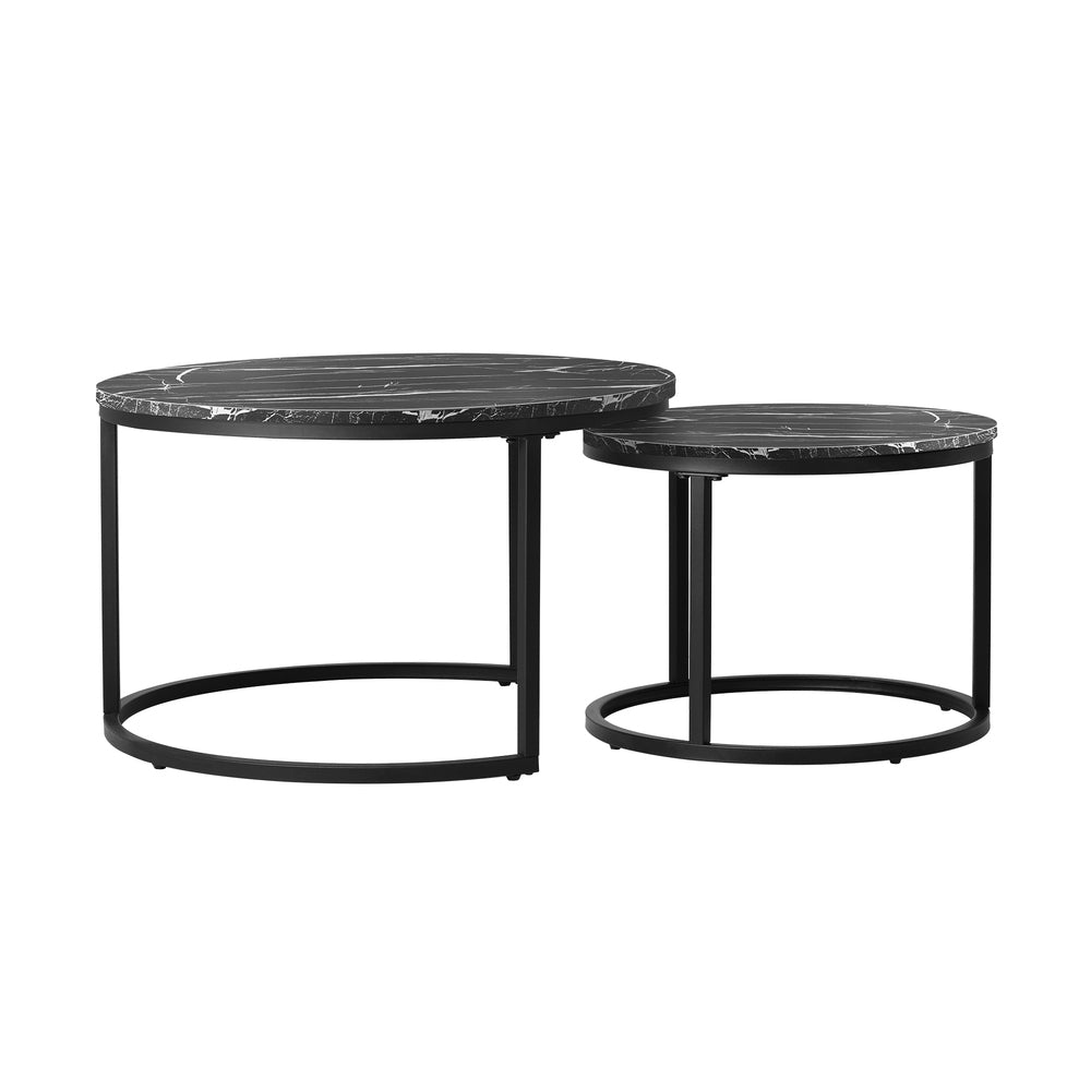 Set of 2 Round Nesting Coffee Tables Marble Top Black