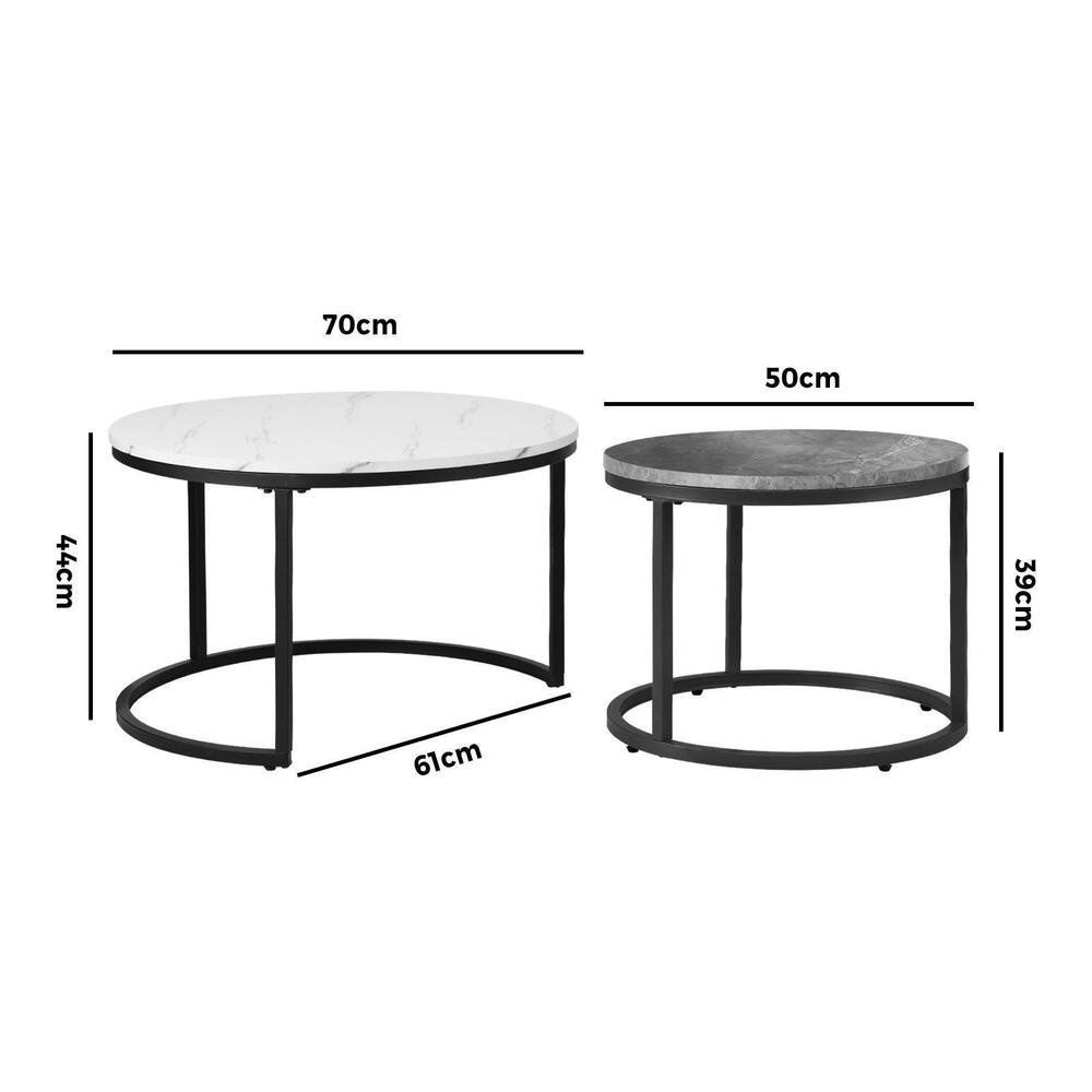 Set of 2 Round Nesting Coffee Tables Marble Top White and Grey