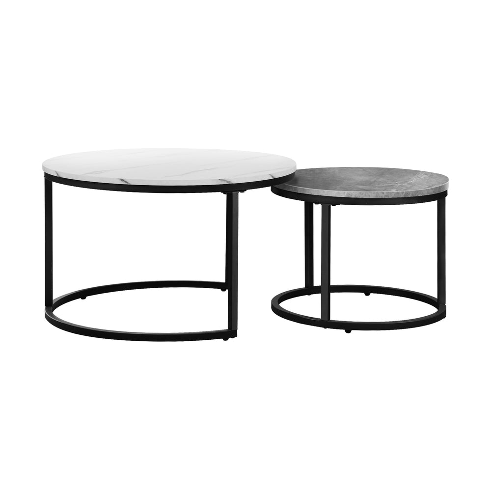 Set of 2 Round Nesting Coffee Tables Marble Top White and Grey