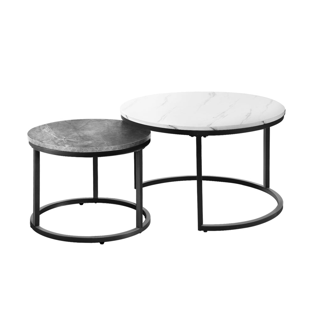 Set of 2 Round Nesting Coffee Tables Marble Top White and Grey