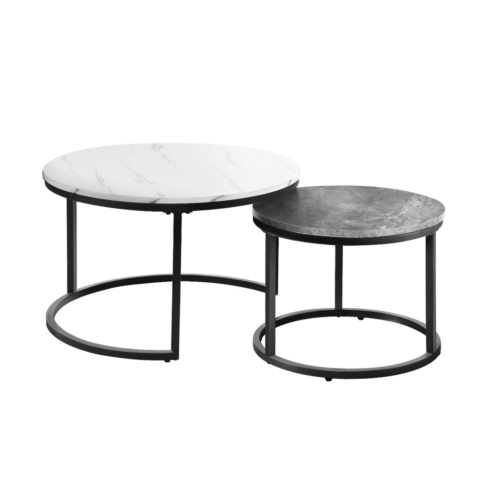 Set of 2 Round Nesting Coffee Tables Marble Top White and Grey