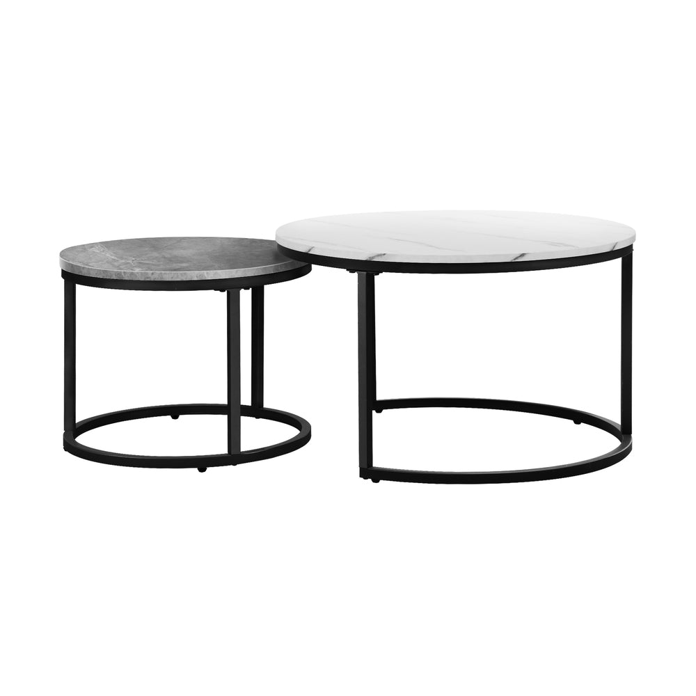 Set of 2 Round Nesting Coffee Tables Marble Top White and Grey