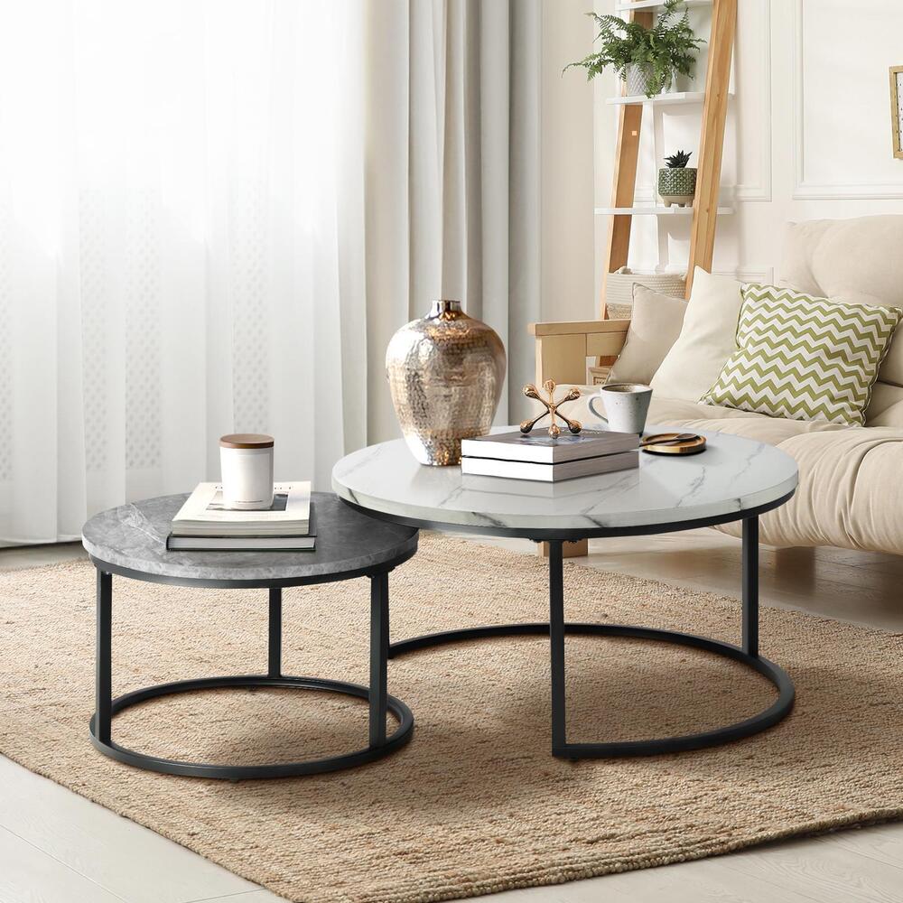 Set of 2 Round Nesting Coffee Tables Marble Top White and Grey