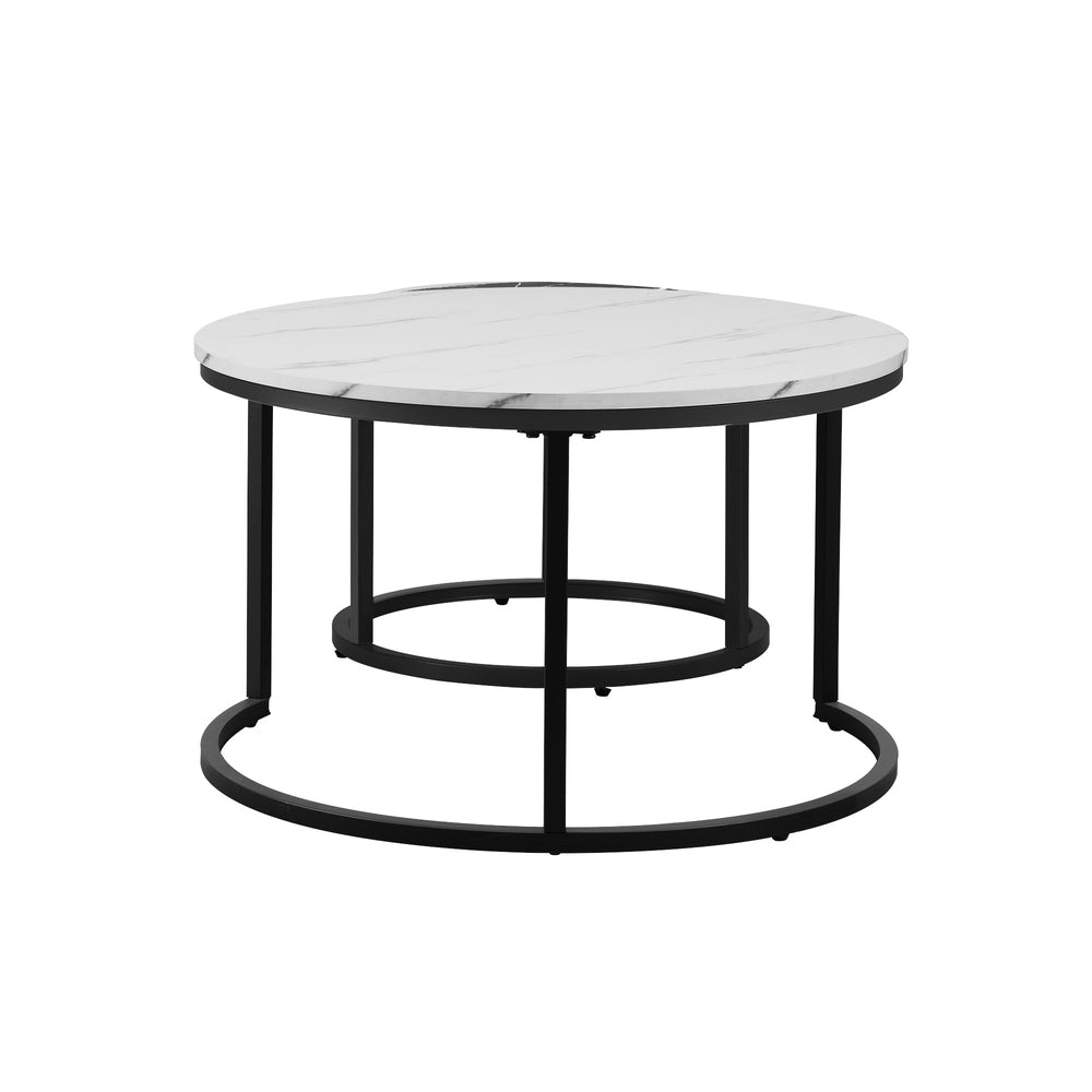 Set of 2 Round Nesting Coffee Tables Marble Top White and Grey