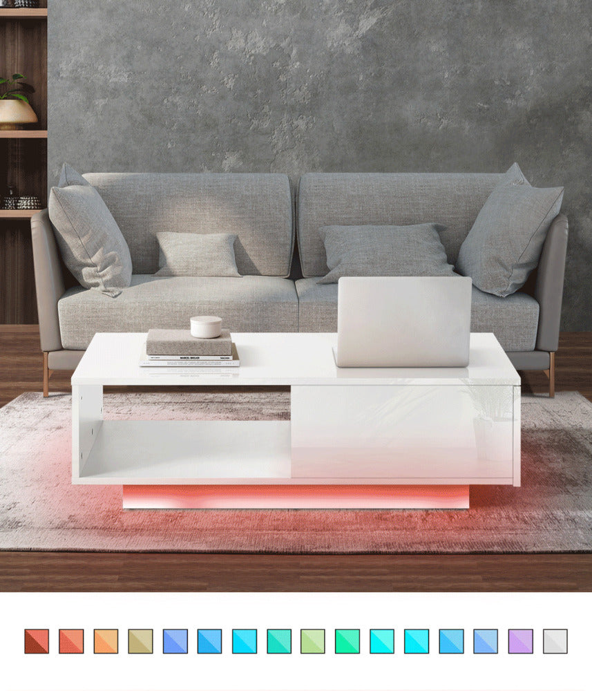 LED Coffee Table High Gloss with Storage Drawer White