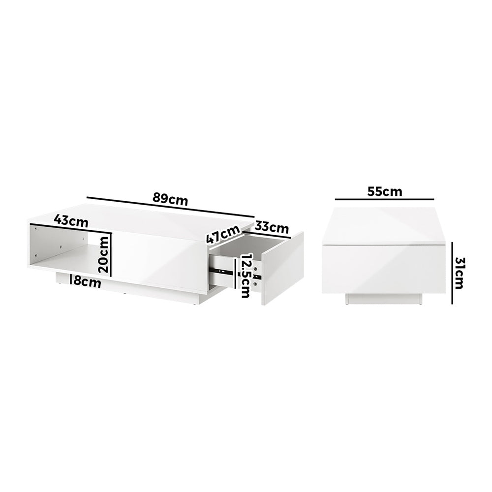 LED Coffee Table High Gloss with Storage Drawer White