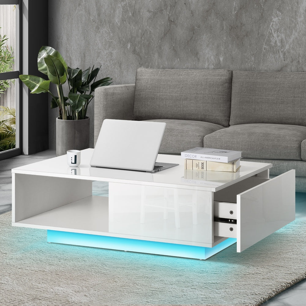 LED Coffee Table High Gloss with Storage Drawer White
