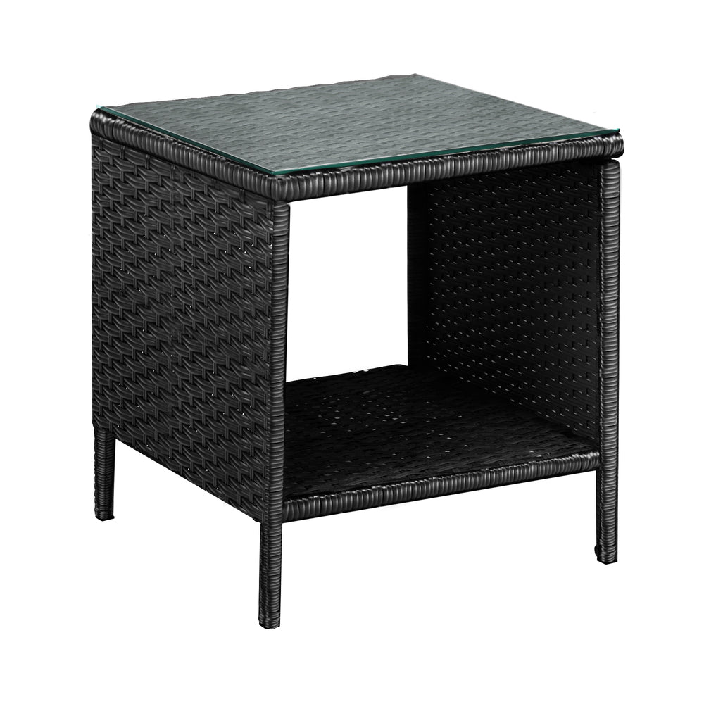 Rattan Side Table with Glass Tabletop Black