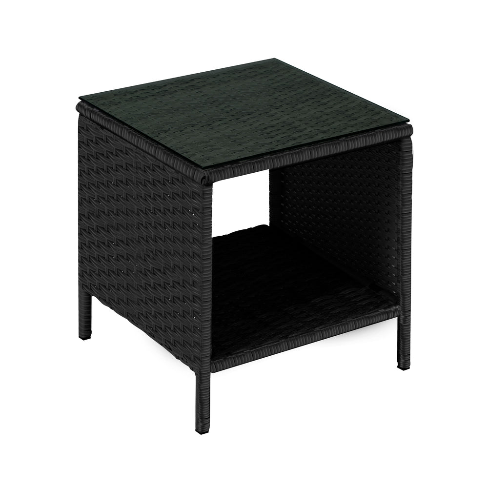 Rattan Side Table with Glass Tabletop Black