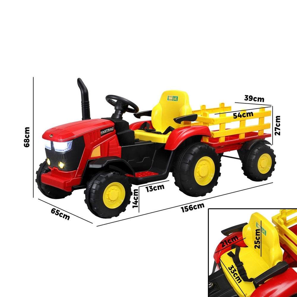 Kids XL Ride On Tractor 12V with Trailer & Remote Red and Yellow