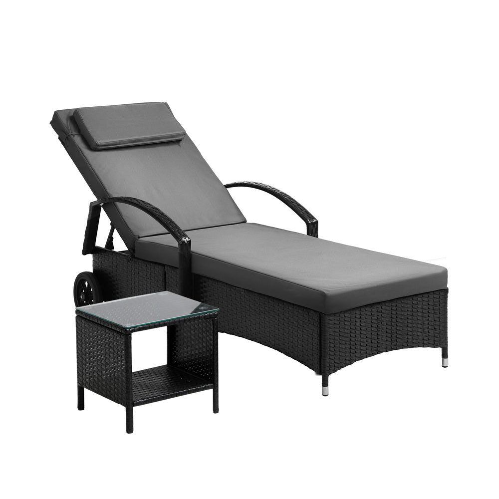 Grey and Black Wheeled Sun Lounger and Table Patio Set