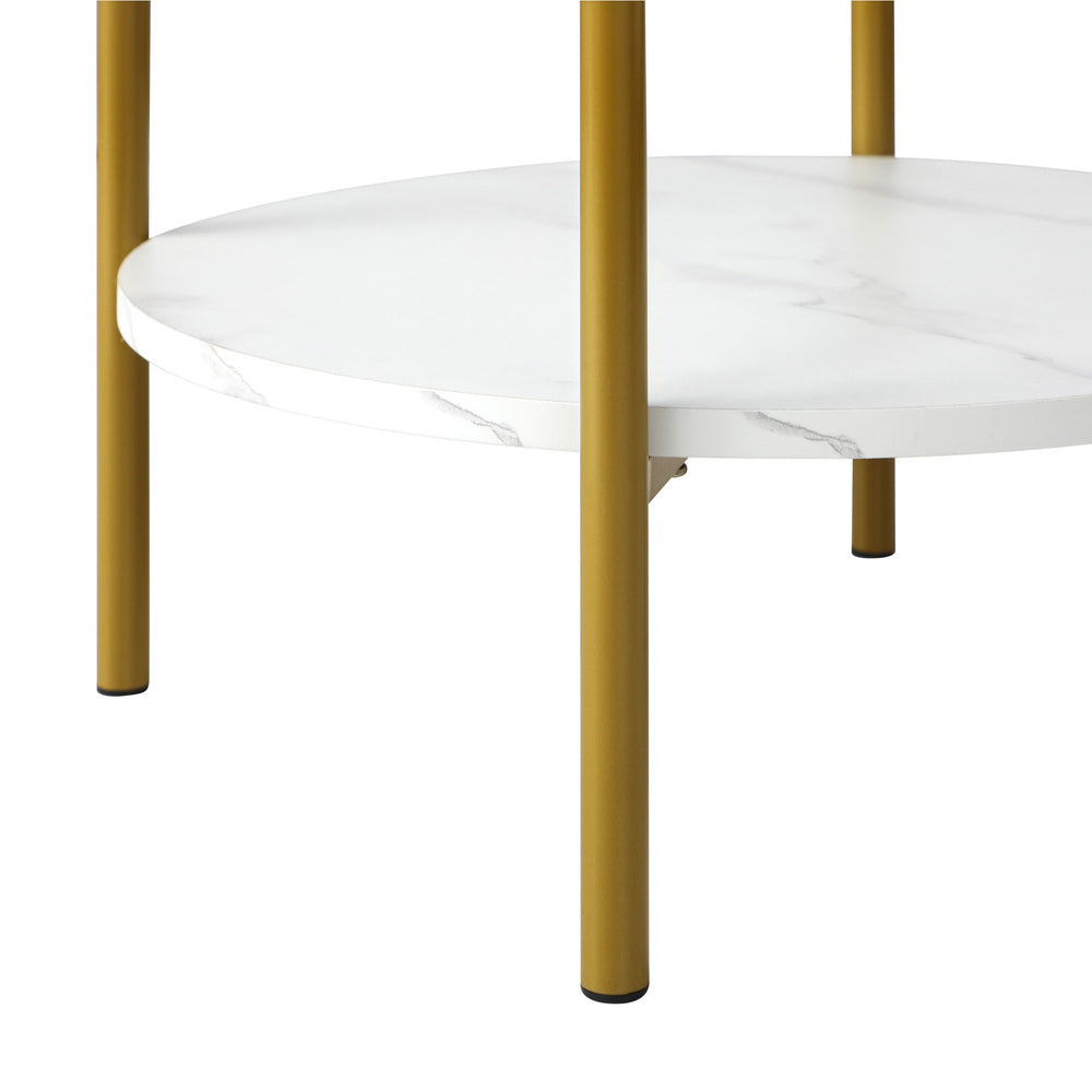 Round 2-Tier Coffee Table with Marble Top and Gold Metal Frame