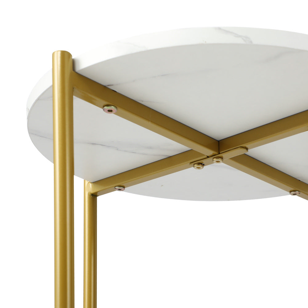 Round 2-Tier Coffee Table with Marble Top and Gold Metal Frame