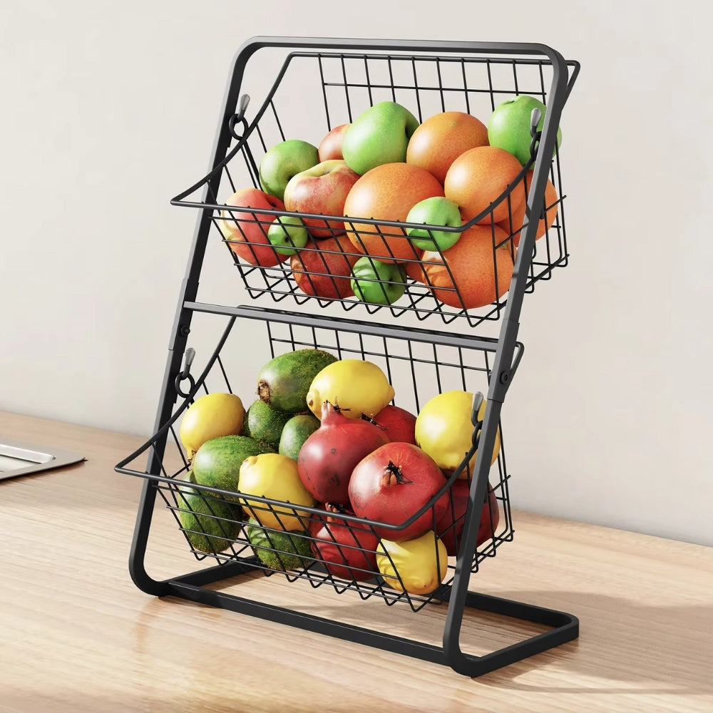Wire Kitchen Countertop Storage Basket with Removable Rack for Fruits Vegetables Spices Snacks