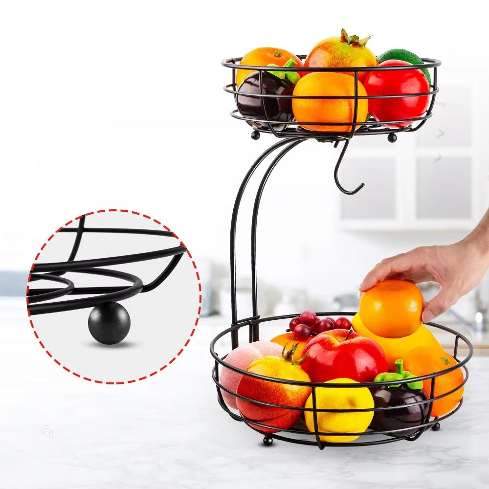 2 Tier Metal Fruit Basket with Banana Hanger Large Fruit Stand Organizer