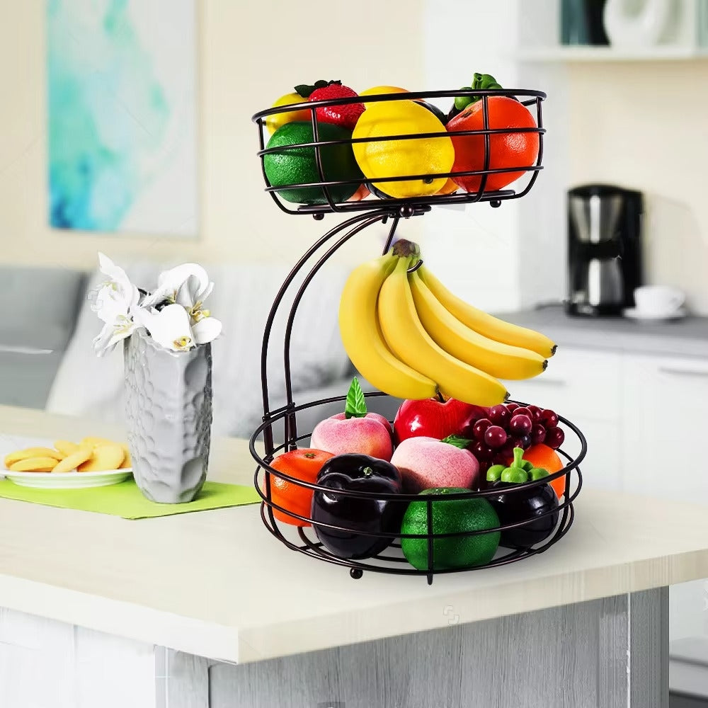 2 Tier Metal Fruit Basket with Banana Hanger Large Fruit Stand Organizer