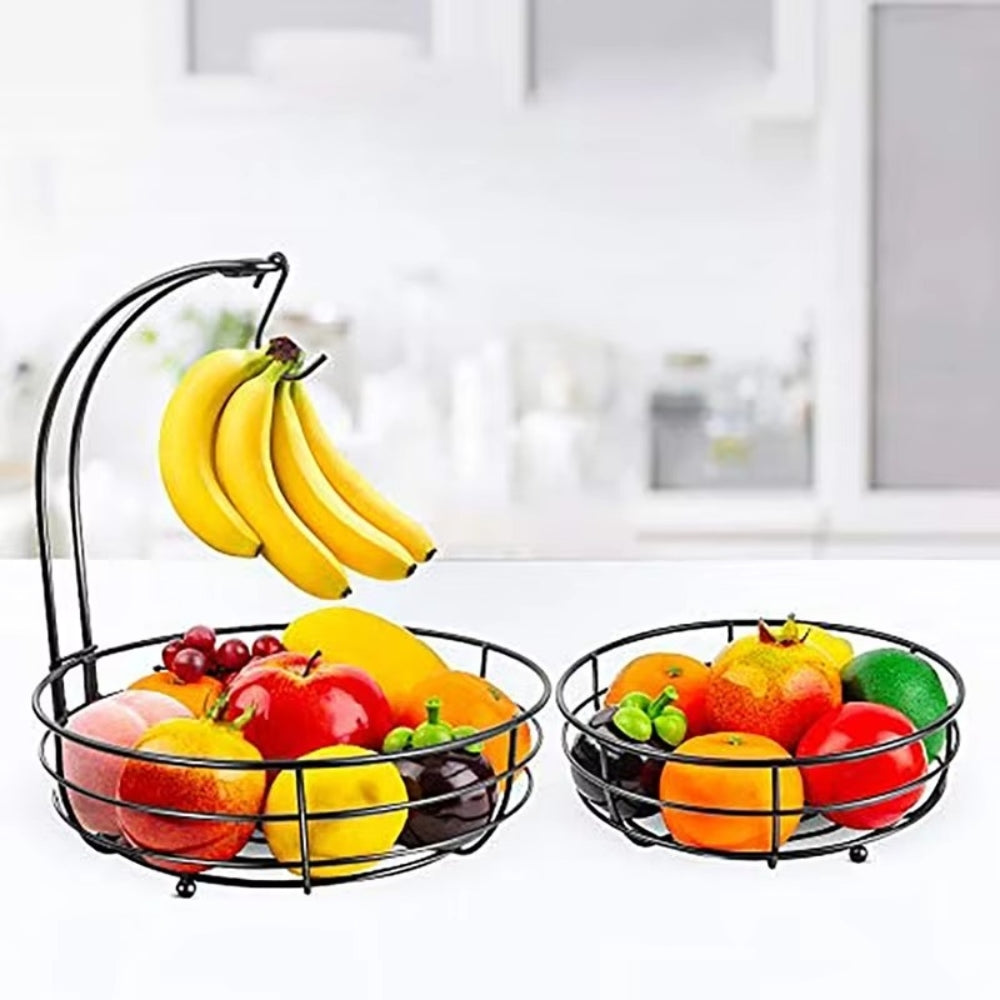 2 Tier Metal Fruit Basket with Banana Hanger Large Fruit Stand Organizer