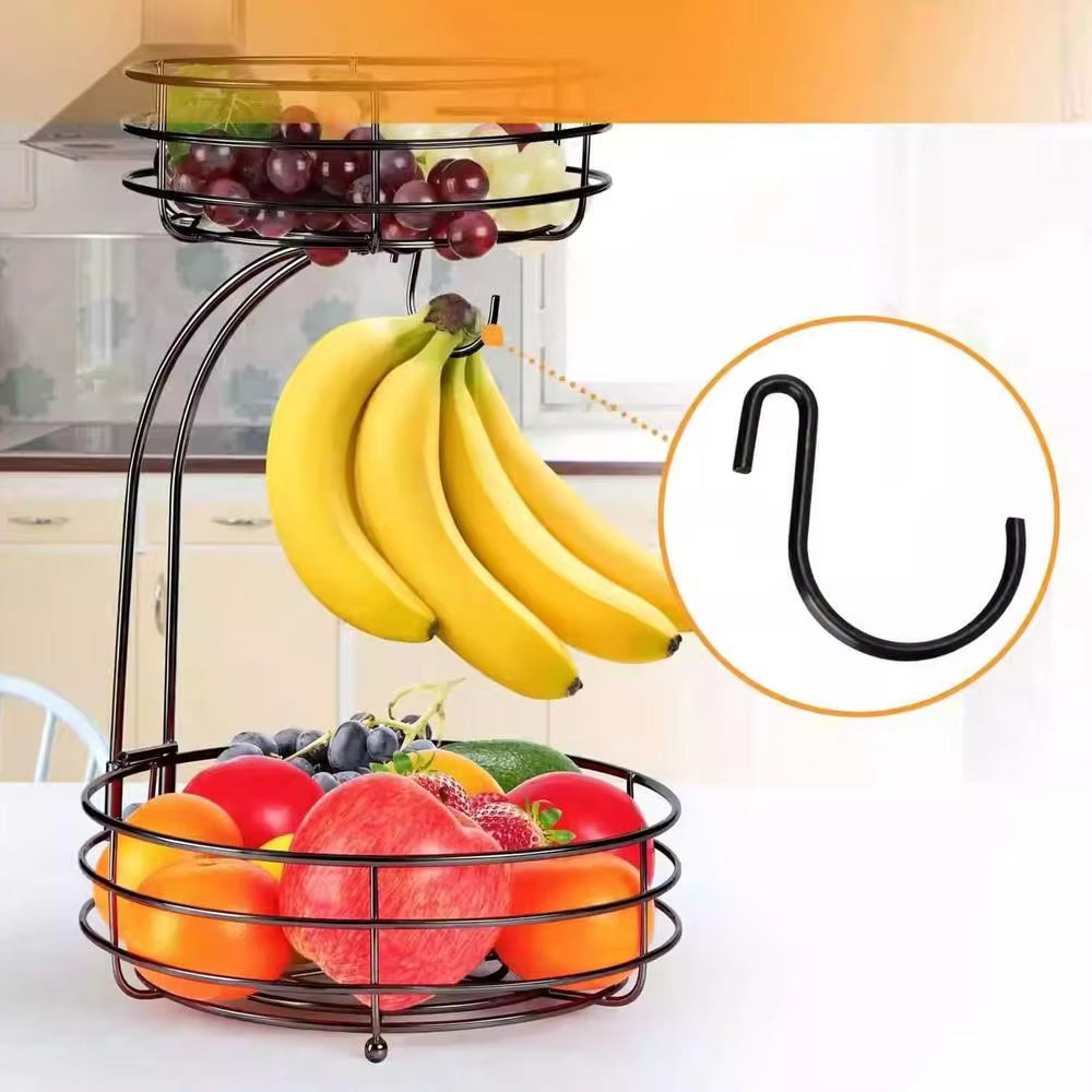 2 Tier Metal Fruit Basket with Banana Hanger Large Fruit Stand Organizer