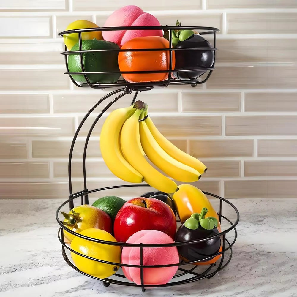 2 Tier Metal Fruit Basket with Banana Hanger Large Fruit Stand Organizer