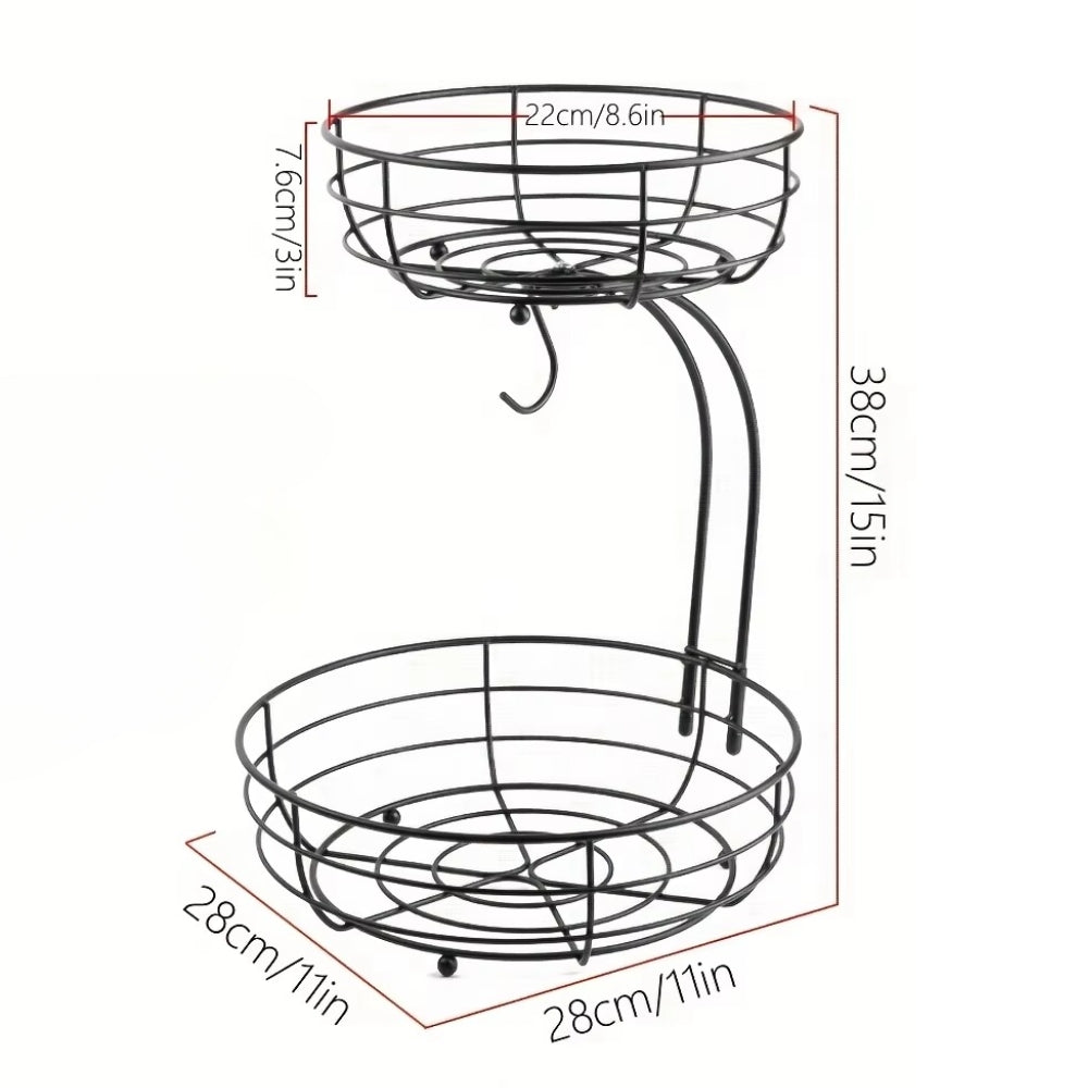 2 Tier Metal Fruit Basket with Banana Hanger Large Fruit Stand Organizer