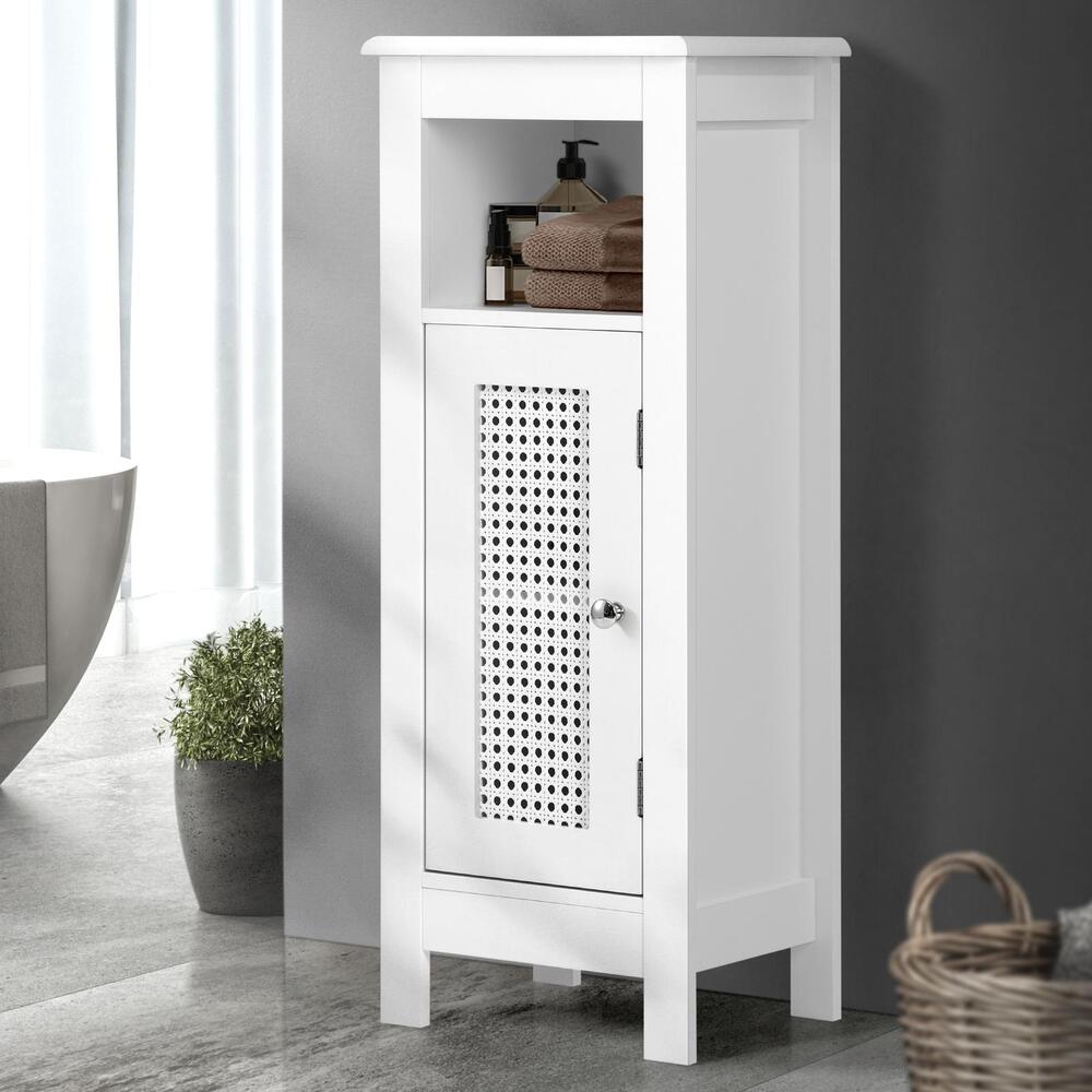 Slim Bathroom Cabinet with White Rattan Door