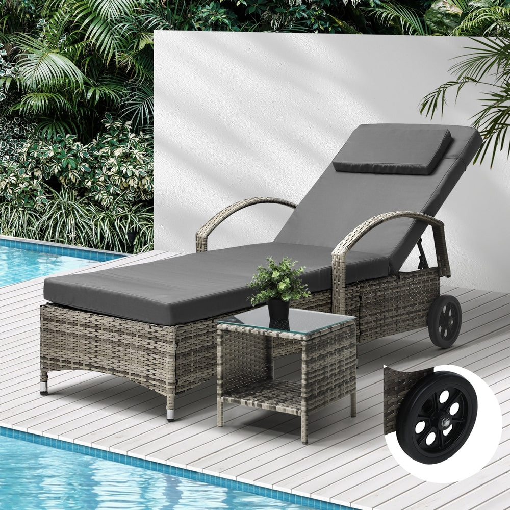 Wheeled Sun Lounger with Table Patio Set Grey