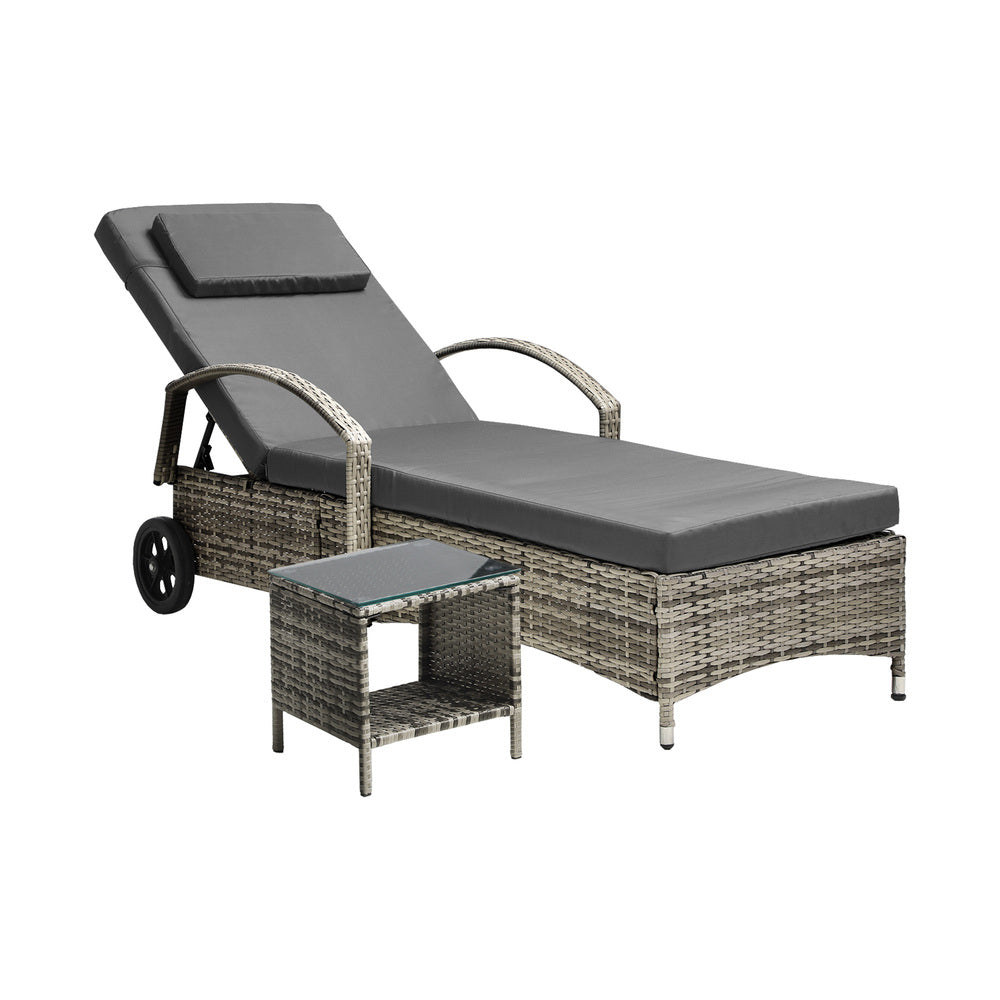 Wheeled Sun Lounger with Table Patio Set Grey