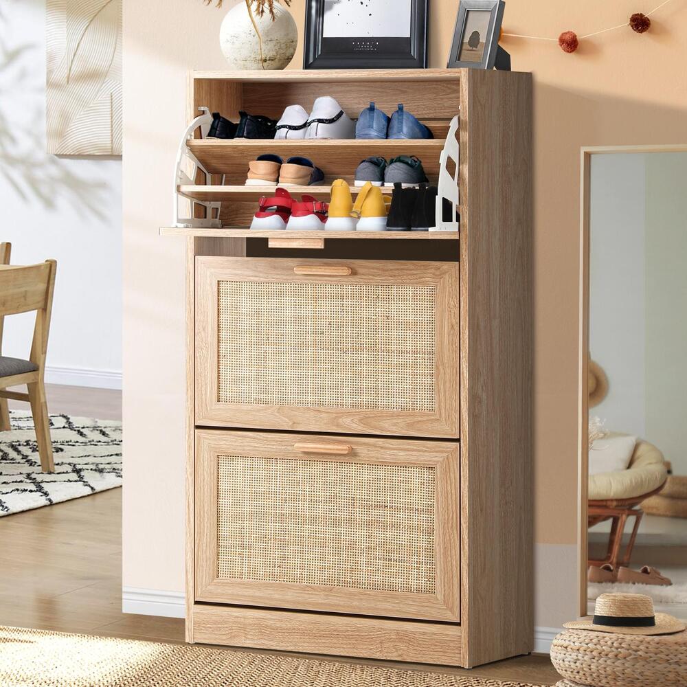 Shoe Cabinet with 3 Compartments and Rattan Doors