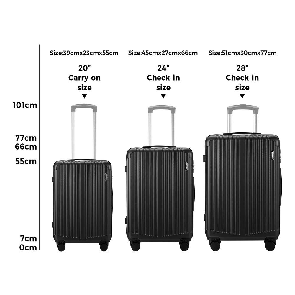 3 Piece Luggage Set Travel Case with TSA Lock ABS Black