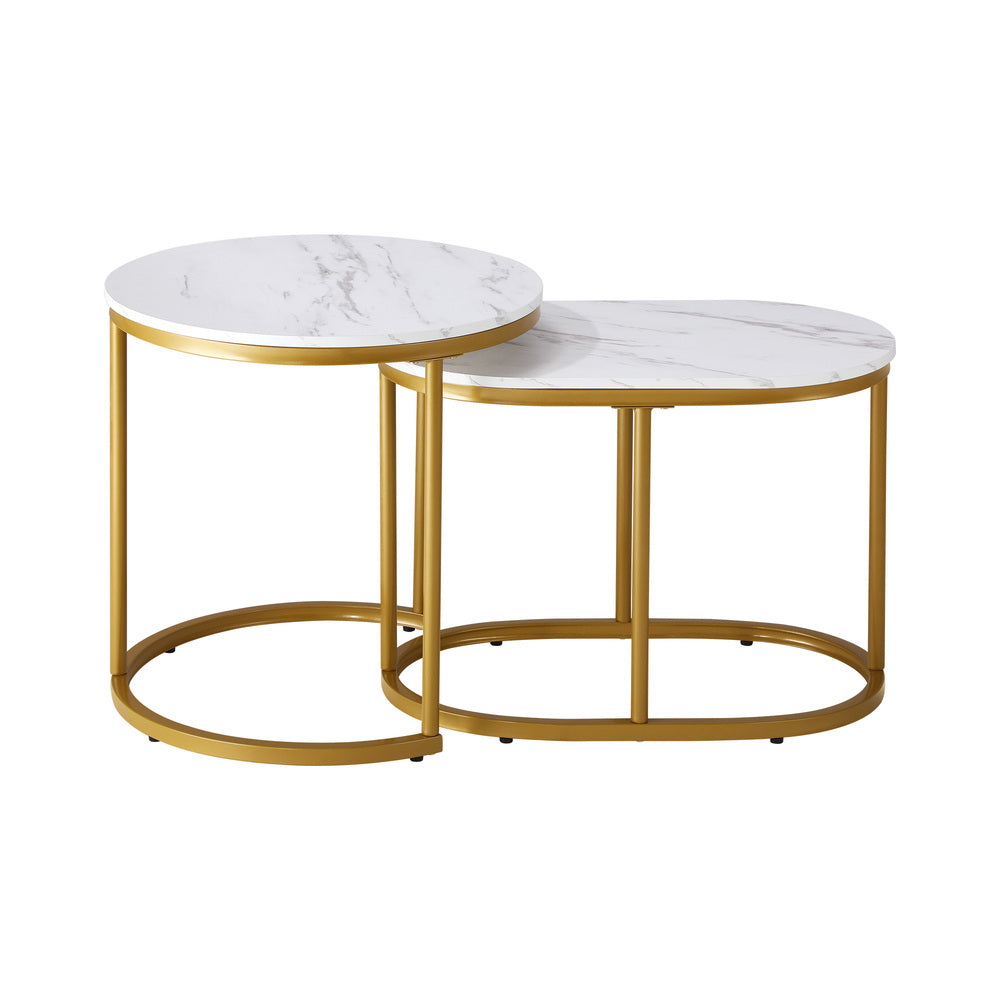 Set of 2 Round and Oval Marble Nesting Coffee Tables Gold