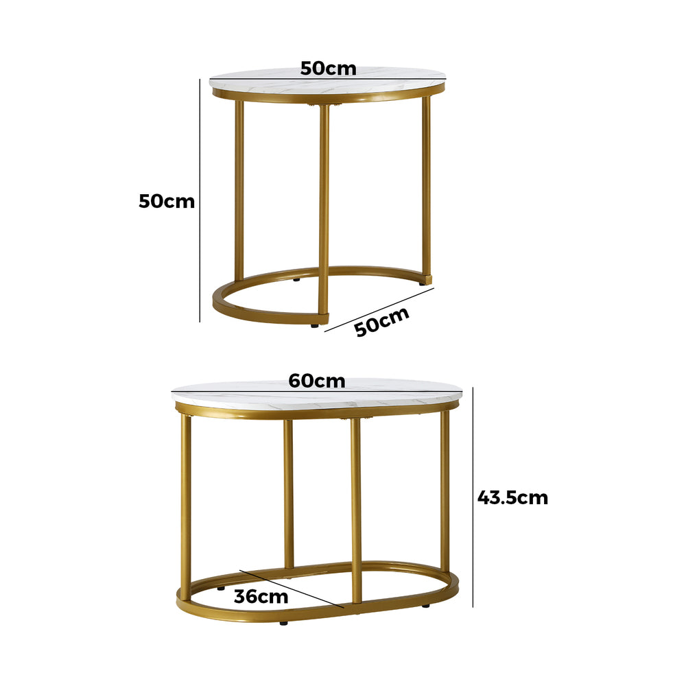 Set of 2 Round and Oval Marble Nesting Coffee Tables Gold