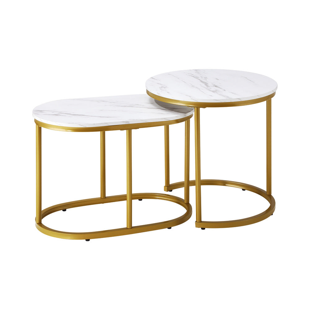 Set of 2 Round and Oval Marble Nesting Coffee Tables Gold