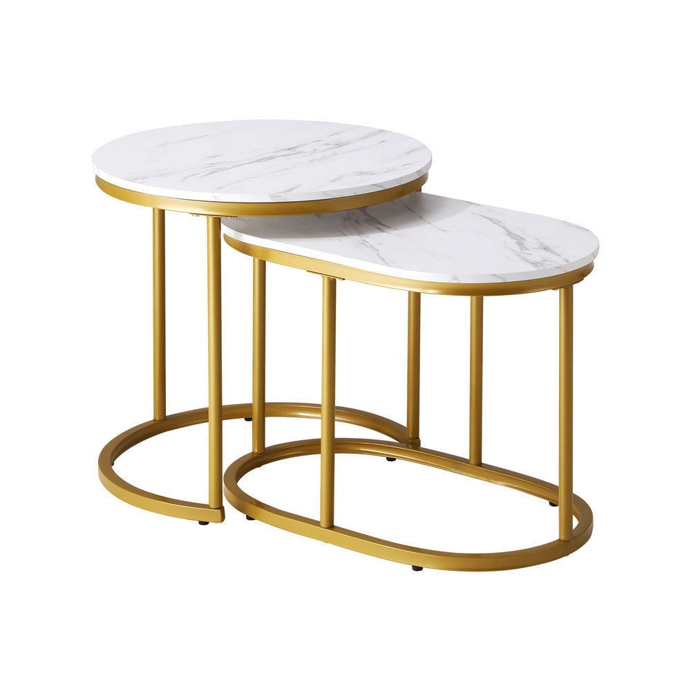 Set of 2 Round and Oval Marble Nesting Coffee Tables Gold