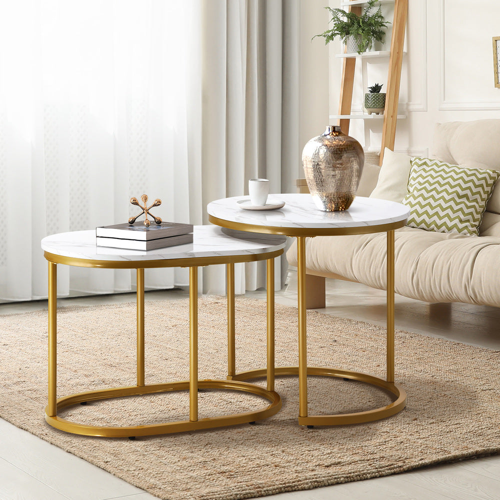 Set of 2 Round and Oval Marble Nesting Coffee Tables Gold
