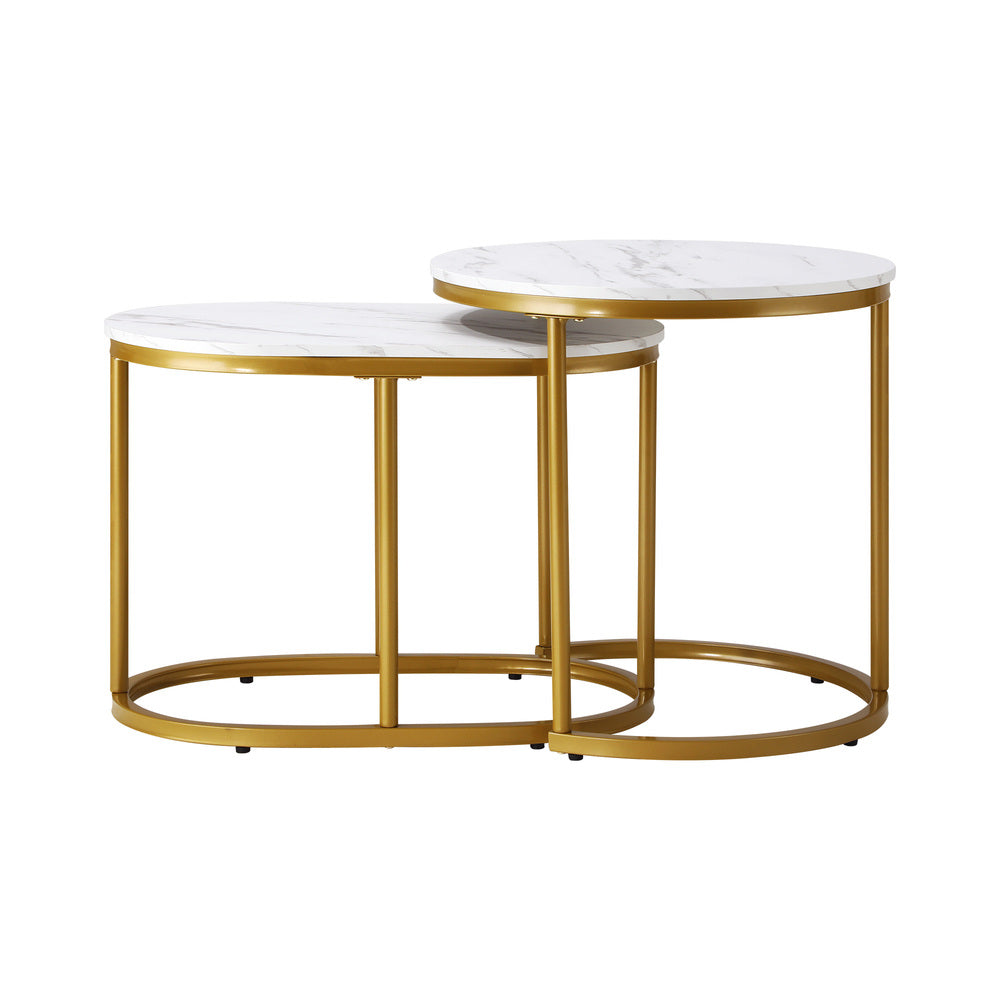 Set of 2 Round and Oval Marble Nesting Coffee Tables Gold