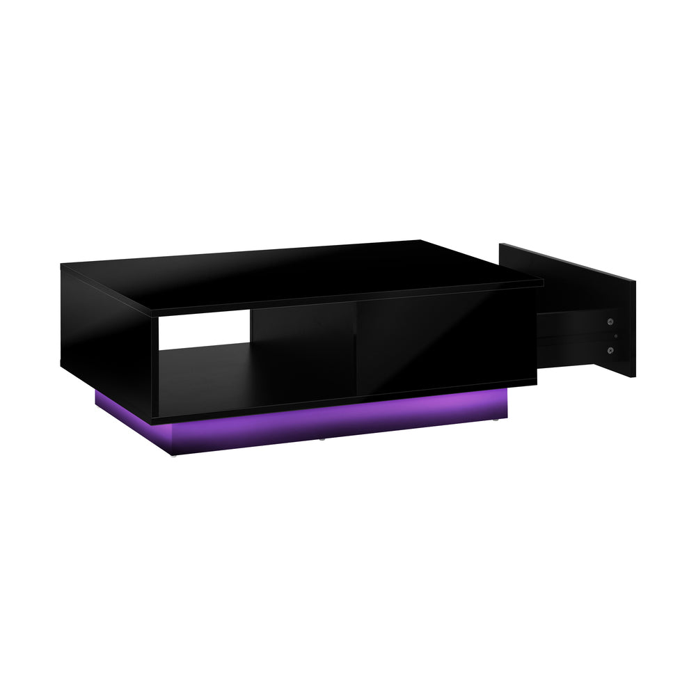 Black Coffee Table LED High Gloss with Storage Drawer
