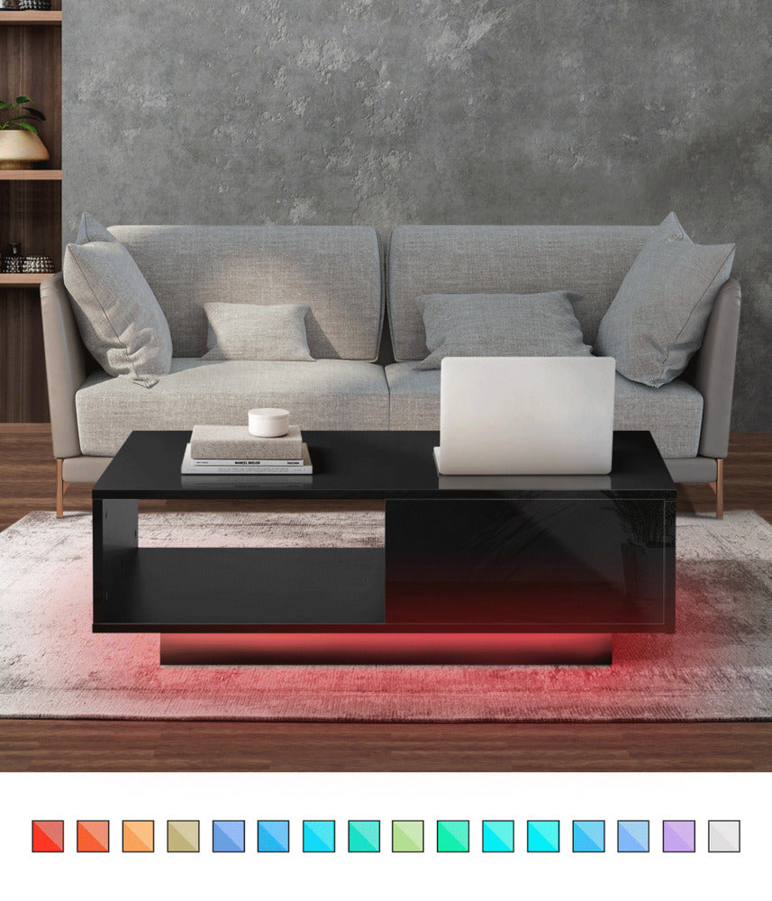 Black Coffee Table LED High Gloss with Storage Drawer
