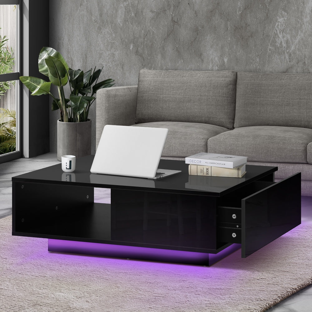 Black Coffee Table LED High Gloss with Storage Drawer
