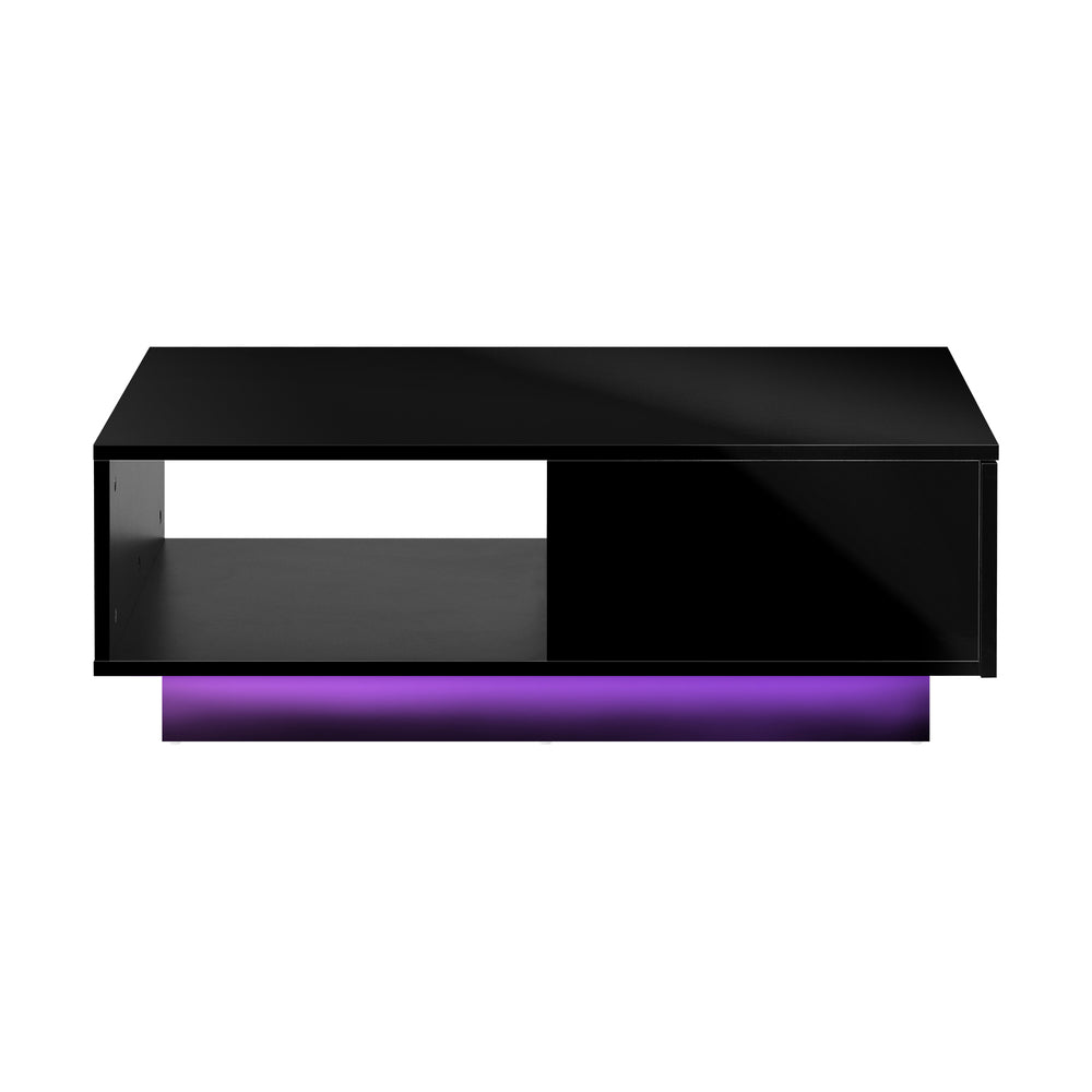 Black Coffee Table LED High Gloss with Storage Drawer