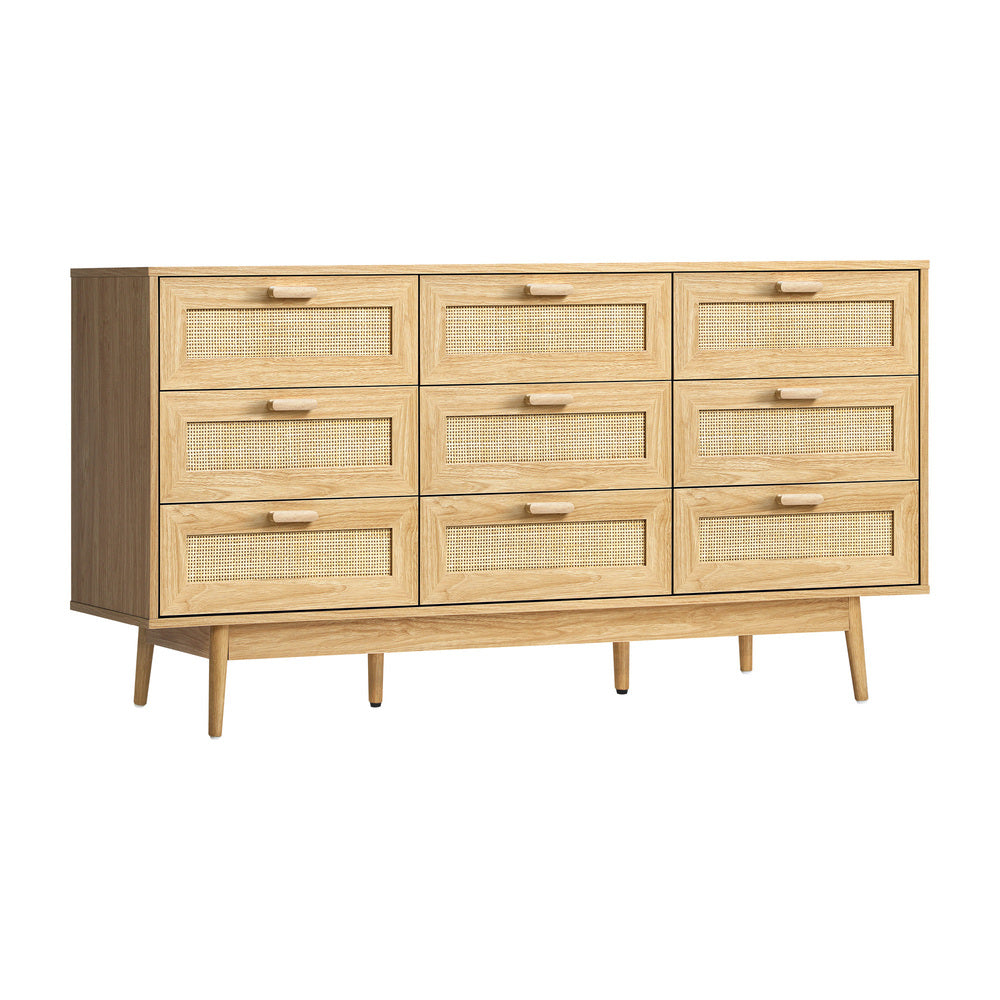 9 Drawer Wooden Lowboy with Rattan Fronts