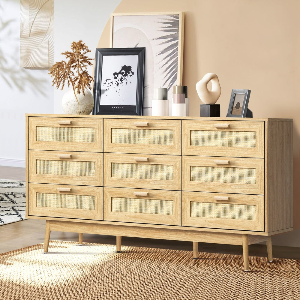 9 Drawer Wooden Lowboy with Rattan Fronts