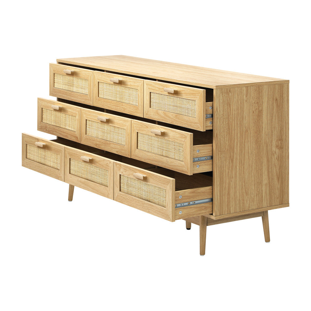 9 Drawer Wooden Lowboy with Rattan Fronts