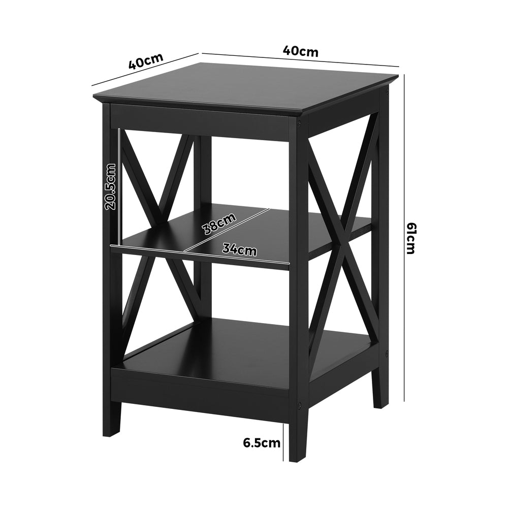 Black Side Table with 3 Tier Shelf and X Structured Sides