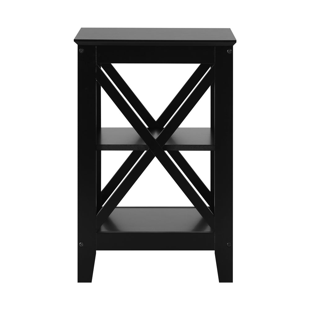 Black Side Table with 3 Tier Shelf and X Structured Sides