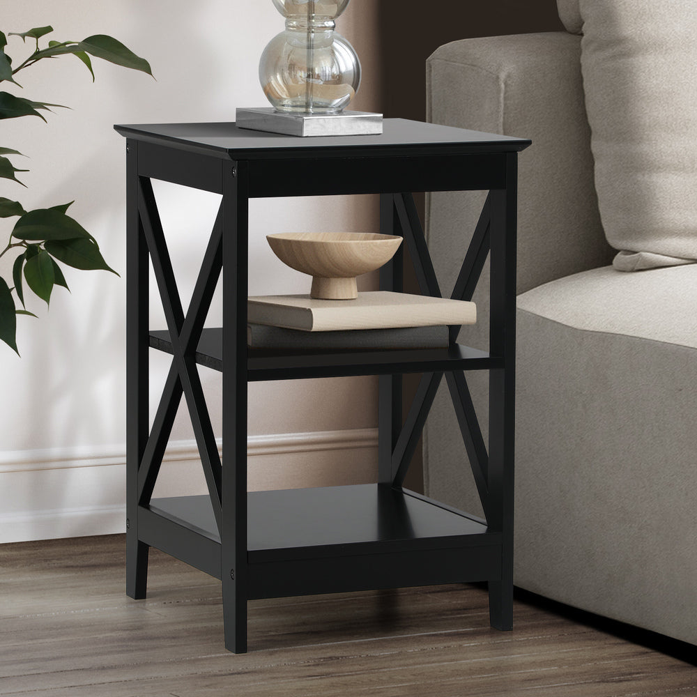 Black Side Table with 3 Tier Shelf and X Structured Sides