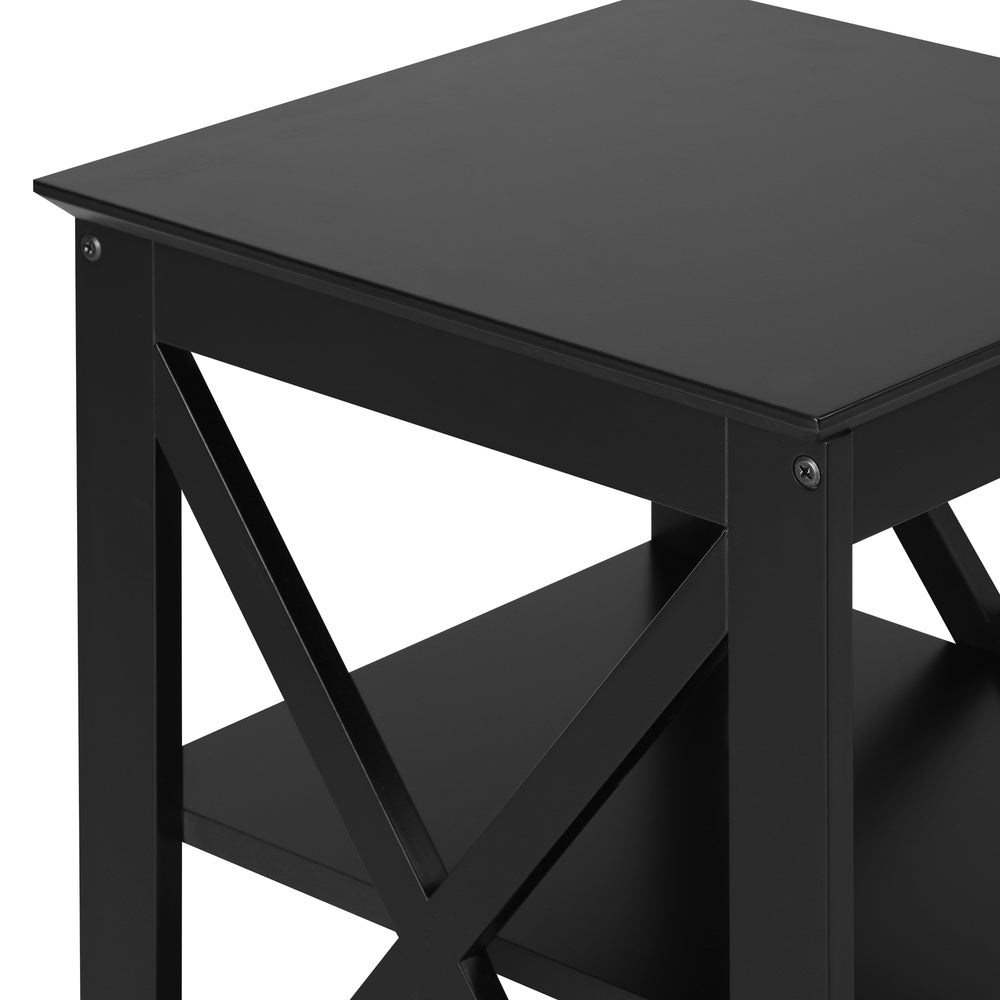 Black Side Table with 3 Tier Shelf and X Structured Sides
