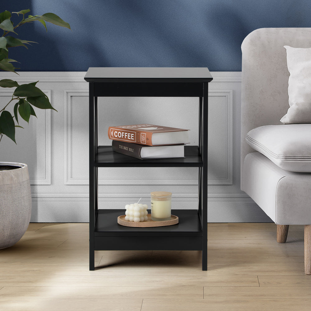 Black Side Table with 3 Tier Shelf and X Structured Sides