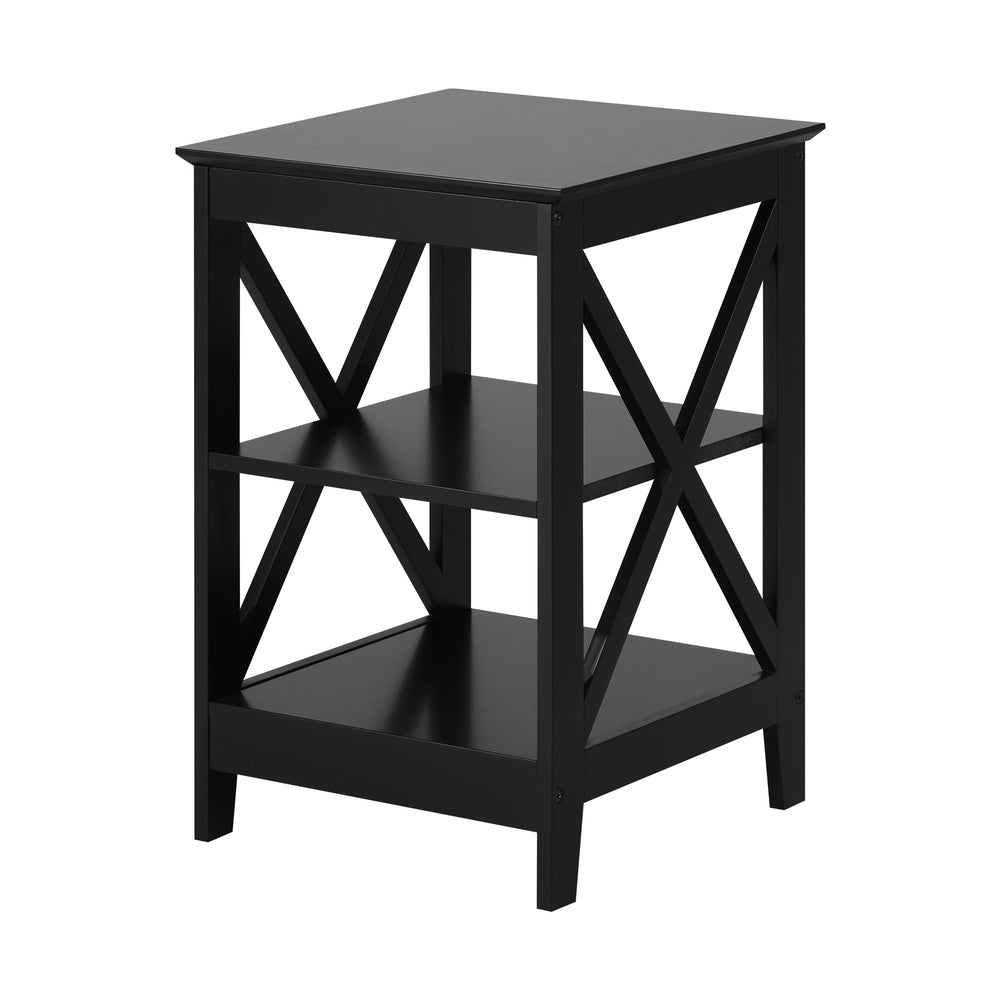 Black Side Table with 3 Tier Shelf and X Structured Sides
